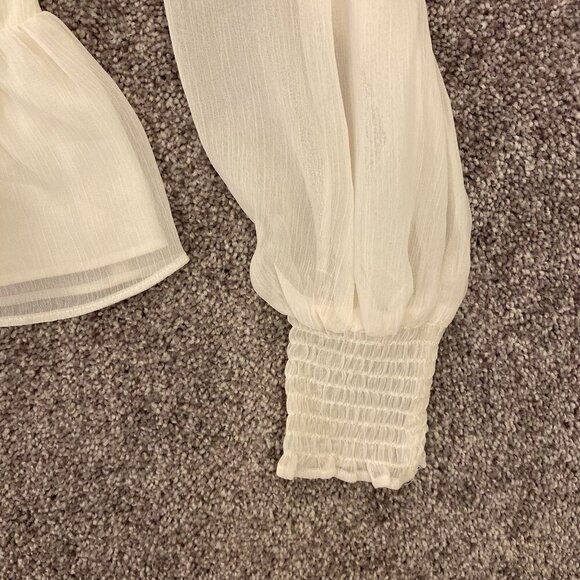 Express Women's V-Neck Smocked Cuff Peplum Top Long Sleeves Swan Size XS NWT $54 - Picture 13 of 16